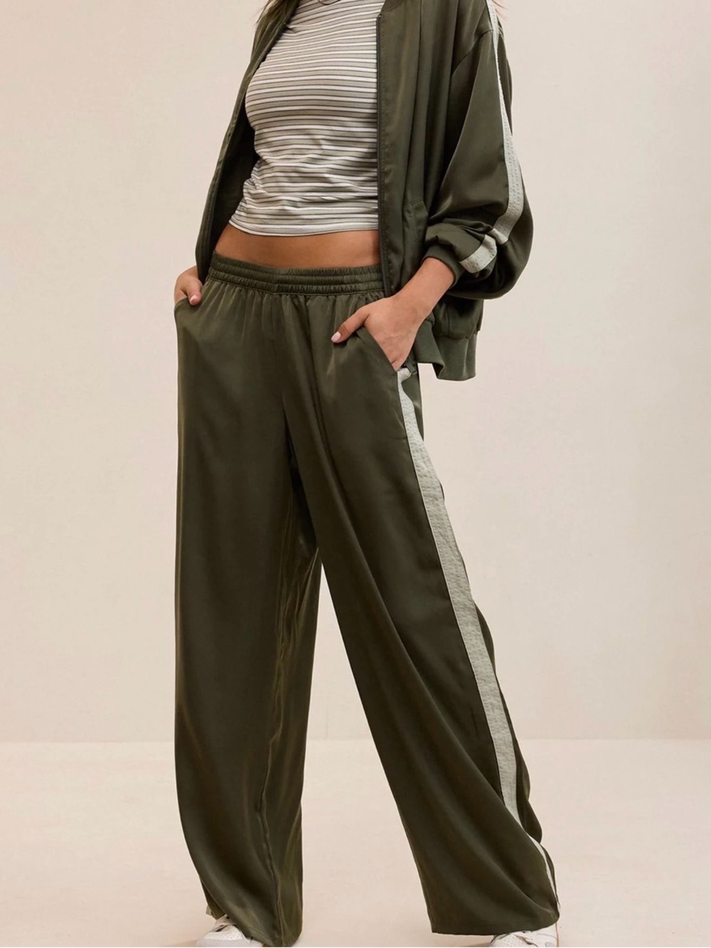 aerie Olive Wide-Leg liquid satin Pants with Light Side Stripe